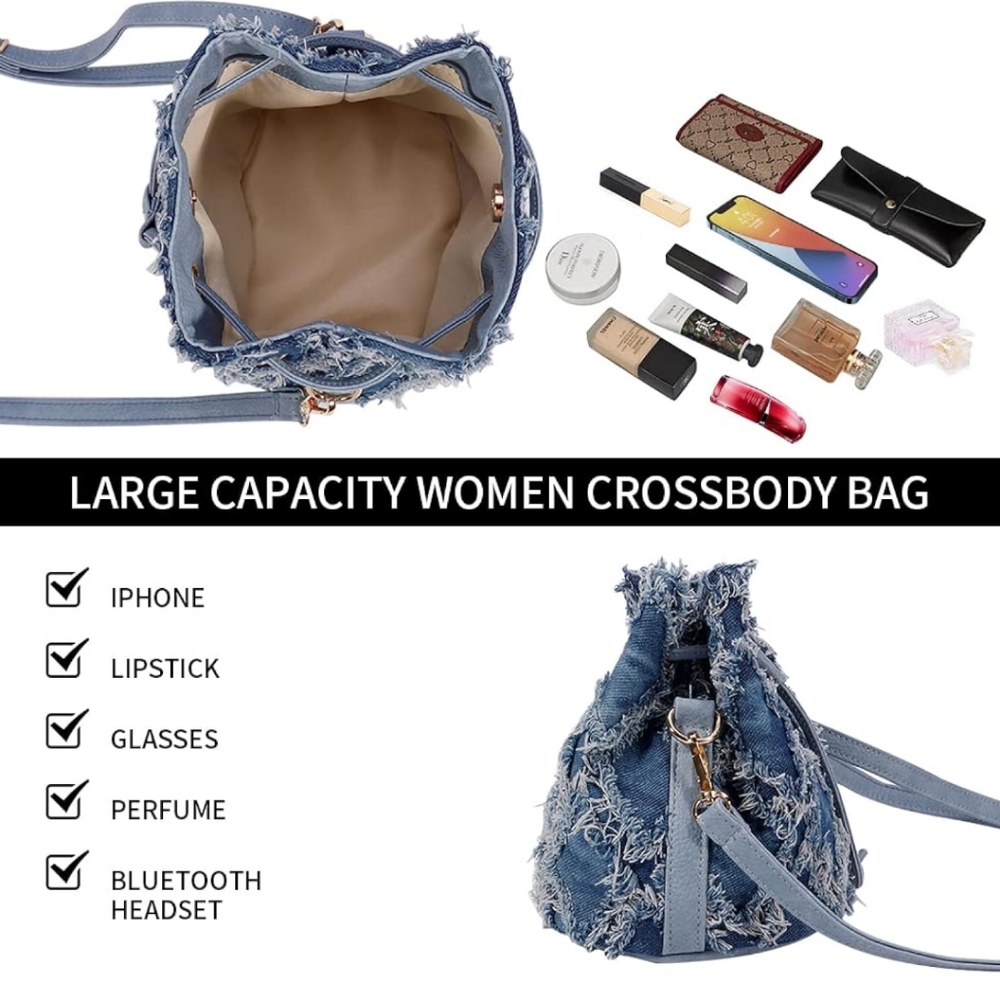 Denim Jean Crossbody Bucket Shoulder Bag Frayed Blue Ombre Boho Super Cute - Picture 13 of 13